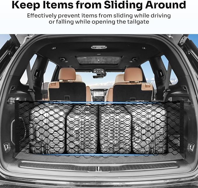 Canvcle Trunk Cargo Net for 2021-2026 Jeep Grand Cherokee L (7 Seats) Accessories Envelope Style Mesh Trunk Net Organizer and Storage Stretchable Adjustable Elastic Nylon Rear Cargo Netting with Hooks