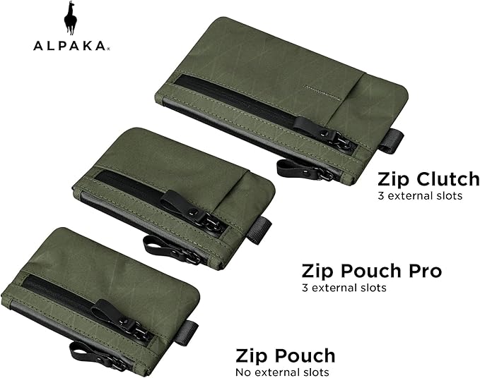 ALPAKA Zip Pouch Dark Green X-Pac- RFID-Blocking Small Cash and Card Zip Wallet with Carbon Neutral, Weatherproof Fabrics, YKK Zipper, EDC Pouch for Men Travel