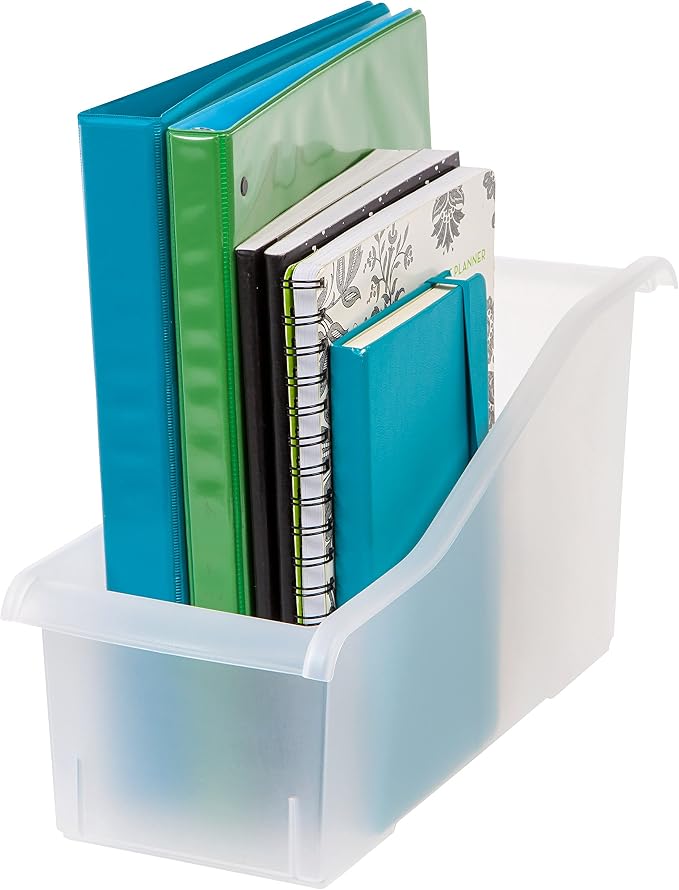 IRIS USA Plastic Book Bin Magazine Holder, 8-Pack, Vertical Standing Connecting Container Box for Office Dorm Study Homework Binder Notebook File Craft Stationery Supplies Organizer Caddy, Clear