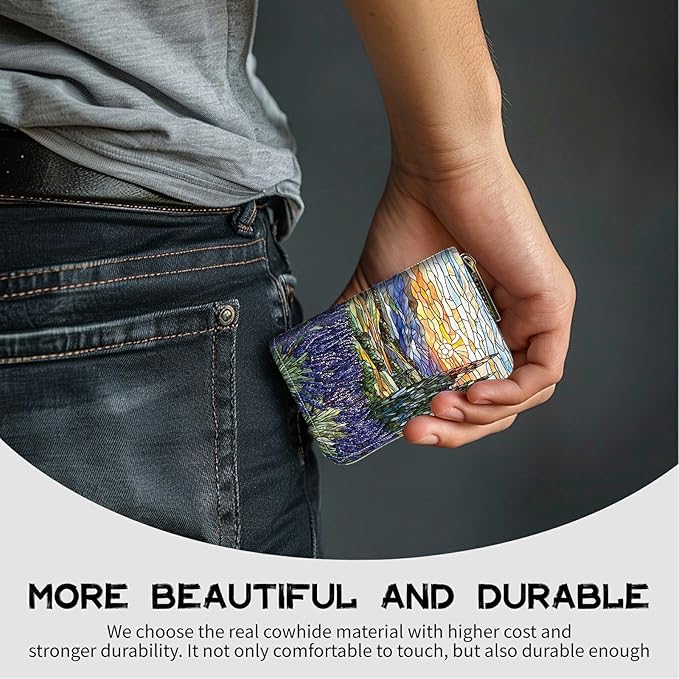Cute Credit Card Holder with Zipper, Stained Glass Lavender RFID-Blocking Card Case Small Wallet for Women Men, Multi-slot Card Organizer Case Travel Accordion Wallet