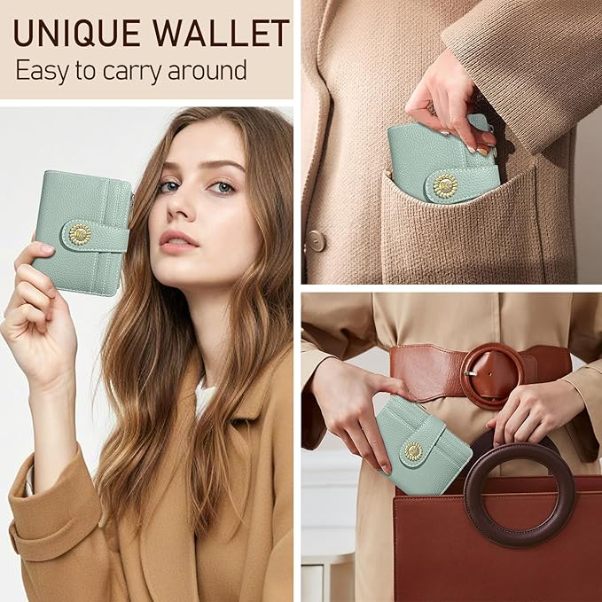Kelvoris Small Rfid Women Wallet Bifold Zipper Coin Pocket PU Leather Compact Cash Credit Card Holder Travel Wallet for Female Ladies Teen Girls 1 ID Window 10 Card Slots Sage Green