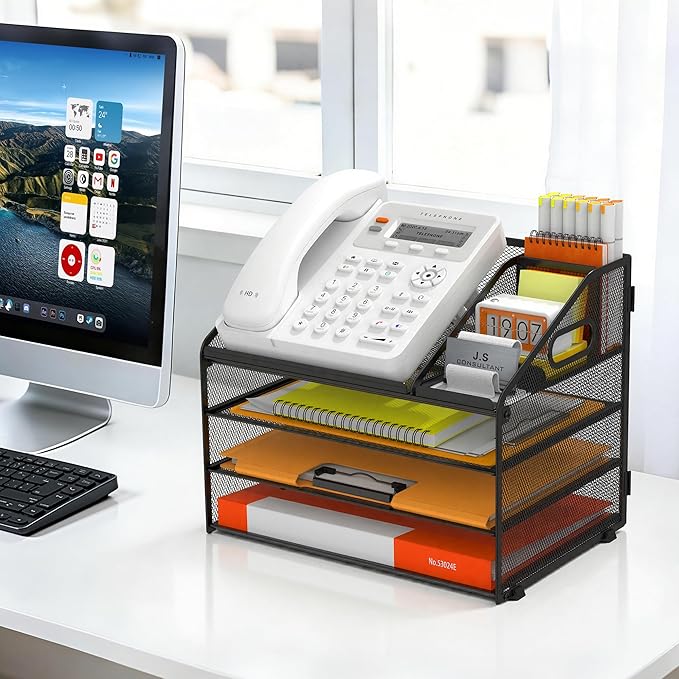 DocNest 4 Tier Metal Mesh Letter Tray - Space Saving Desk File Organizer with Handle, Pen Holder & Folder Holder - Desktop Document Sorter for Office, Home, School, Classroom - Black