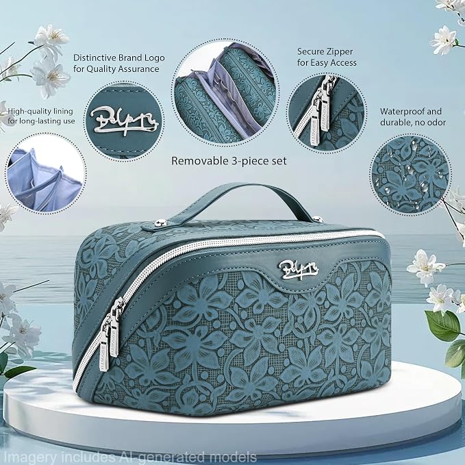 BOYATU Travel Makeup Bag Cosmetic Bags for Women: Large Capacity 3 Pcs Set Make up Bag with Compartments - Waterproof Vegan Leather Toiletry Organizer Bags with Handle (Z-63Blue)