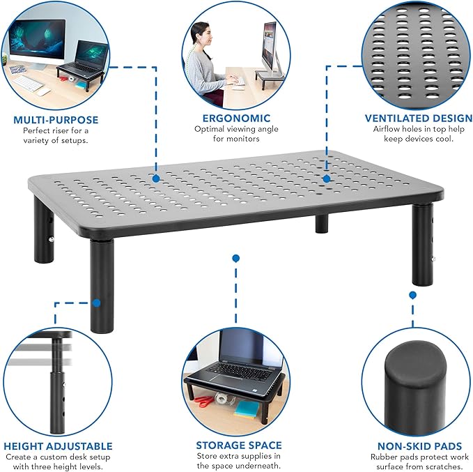 Mount-It! Height Adjustable Single Monitor Riser | Metal Mesh Computer Screen Platform | Desktop Riser for Laptop, Monitor, and Printer | 44lbs Capacity (Black)