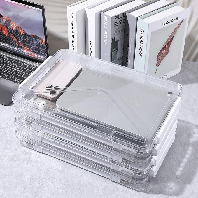4 Pack Clear Plastic File Boxes with Handle, Modern Style, Stackable, Water Resistant, A4 Letter File, Document, Photo, Scrapbook Storage