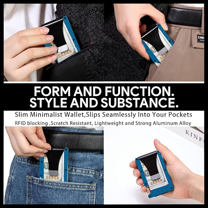 Slim Wallet for Men,RFID Blocking Minimalist Metal Wallet, Money Clip/Cash Holder, Front Pocket Aluminum Credit Card Holder, Ideal Gift for Men,Matte Blue