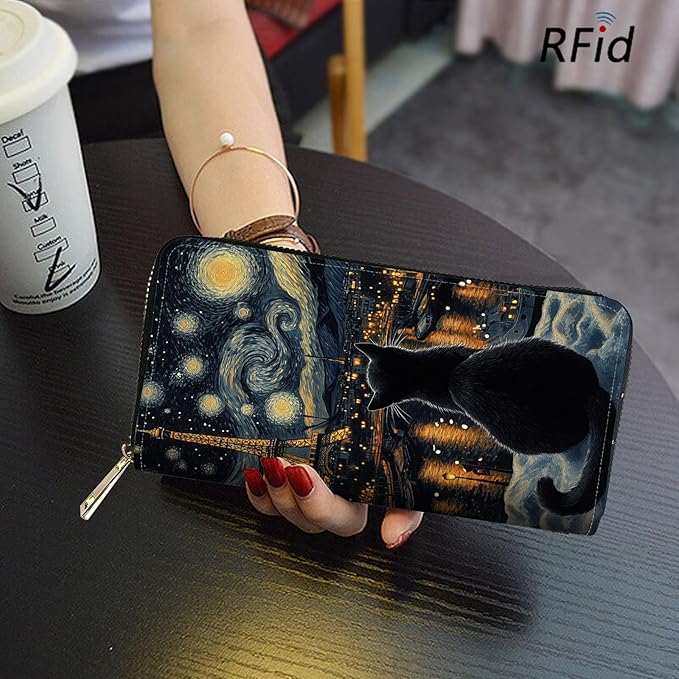 RFID Blocking Leather Wallet for Women – Large Capacity Zip Around Clutch with 8 Card Slots,20 Cash Pockets & Coin Zipper,Eiffel Tower with Cat Scene