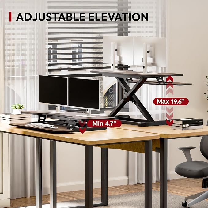 SANODESK 42" Standing Desk Converter, Large Sit-Stand Riser for Dual Monitors & Laptop, Stable Multi-Device Workstation with Keyboard Tray, Home Office Desktop Converter, Walnut