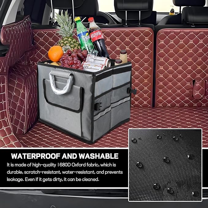 Car Trunk Organizer with Lid, 28L 2-Compartment Collapsible Trunk Cargo Storage Box, Waterproof Oxford Vehicle Backseat Storage Organizer with Base Plate & Metal Handle, Car Accessories (Gray)