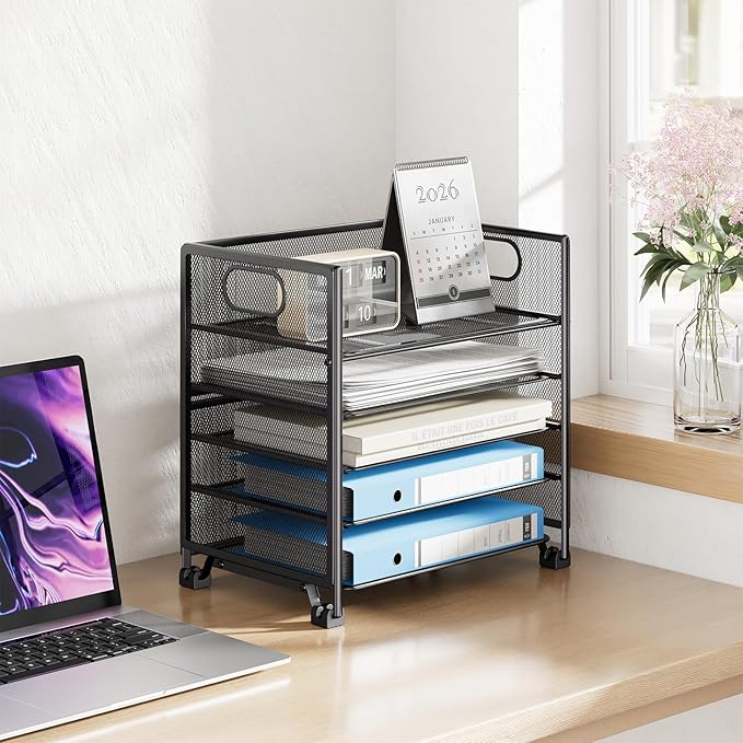 Simple Trending 5-Tier Letter Tray Organizer, Metal Mesh File Holder, Black | 5-Tier Large Capacity Paper Organizer | Metal Mesh | Non-Slip Feet | Tool-Free Assembly | 24H Support | Black for Office