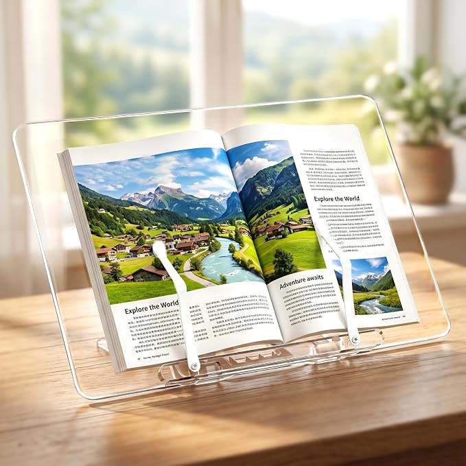 Acrylic Cookbook Holder, 13.3x9.4 Inch Ergonomic Book Display Stand | Adjustable 0-50° Acrylic Book Stand with Page Clip for Reading, Recipe, Books, Document, Cookbook