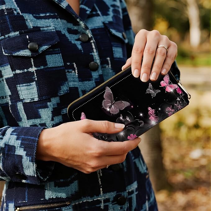 Women's RFID Blocking Zip Around Wallet with Detachable Wrist Strap, Large Capacity Credit Card Holder Organizer for Everyday Use,Butterflies Flower