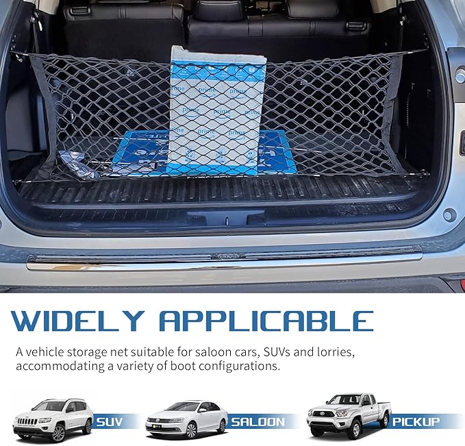 Wuyaoyao Stretchable Car Rear Cargo Net, Elastic Trunk Storage Organizer Nets with Hooks, Vehicle Trunk Storage Mesh Nets for Cars SUVs Trucks, Car Accessories (Vertical Double Layer 35.43×15.75 Inch)