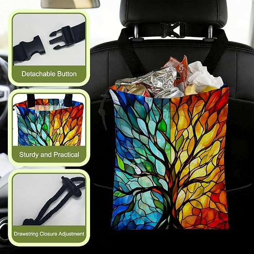 Car Trash Bag Colorful Stained Glass Tree Hanging Canvas Car Trash Bag Waterproof Drawstring Car Back Seat Organizer for Car Back Front Seat Console with Adjustable Buckle