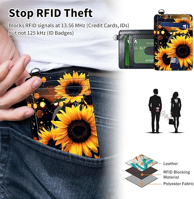 Slim Minimalist Front Pocket Wallet,Credit Card Holder Wallet for Women Men,RFID Blocking Credit Card Holder Case Leather Cute Small Thin Wallet ID Window&Wrist Strap,Glitter Sunflower