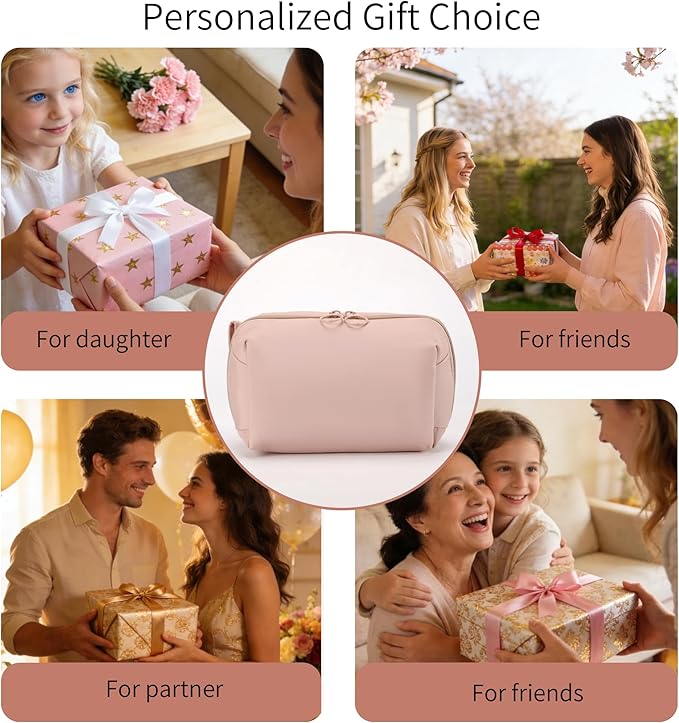 Fabric Cosmetic Bag with Multi-Compartments - Machine Washable Makeup Organizer, Water-Resistant Travel Toiletry Pouch, Lightweight Portable Beauty Bag for Purse Light Pink