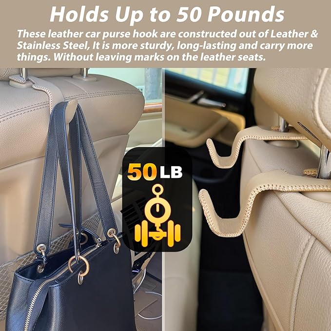 Purse Hook for Car, Purse Holder Car Headrest Hooks Leather for Hanging Purses and Bags, 2 Pack Beige