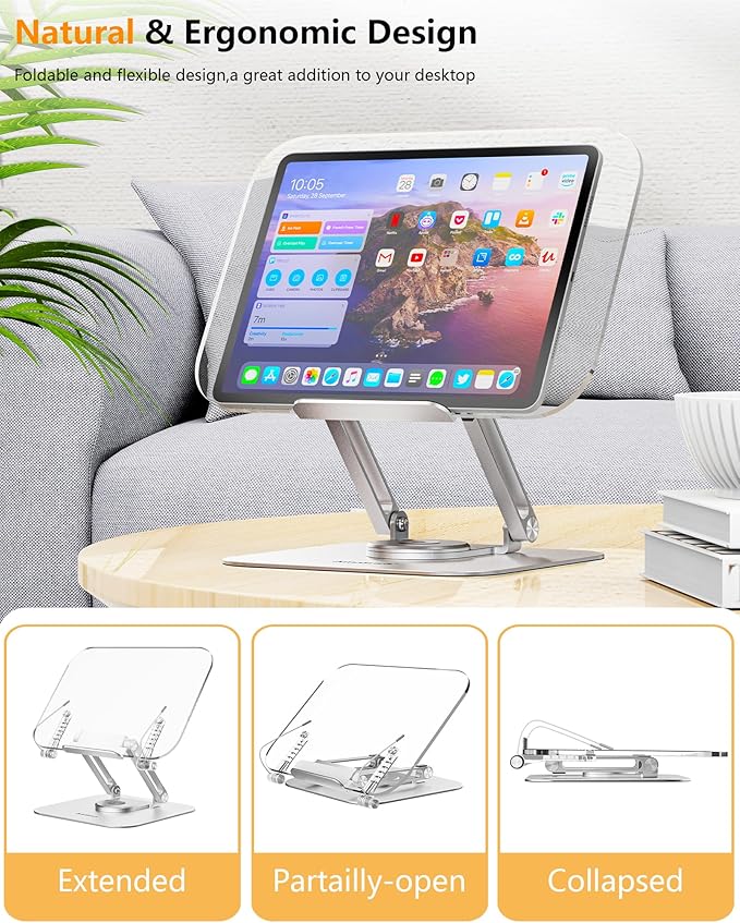 ACIsland Acrylic Book Stand for Reading-Adjustable Holder with 360° Rotating Base & Page Clips- Foldable Desktop Ricer for displaying Cookbook-Sheet Music-Laptop-Recipe-Textbook-Hands Free-Aluminium