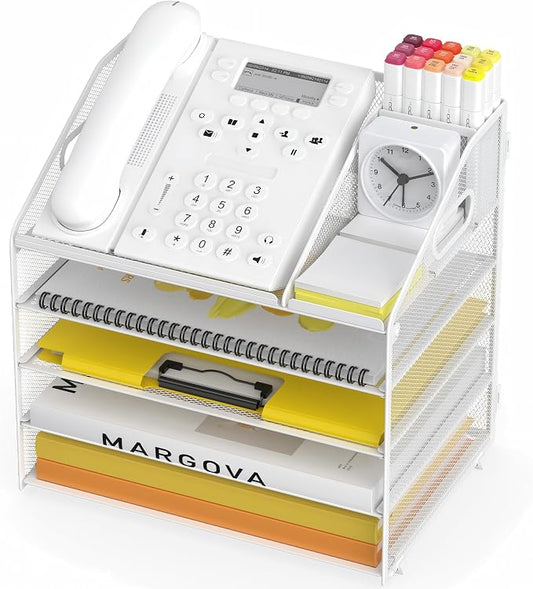 Letter Tray Paper, 5 Tier Desk Organizer with Pen Holder and Handle, Mesh File Organizer Paper Sorter Metal Desktop Document Shelf for Office Home Classroom - White