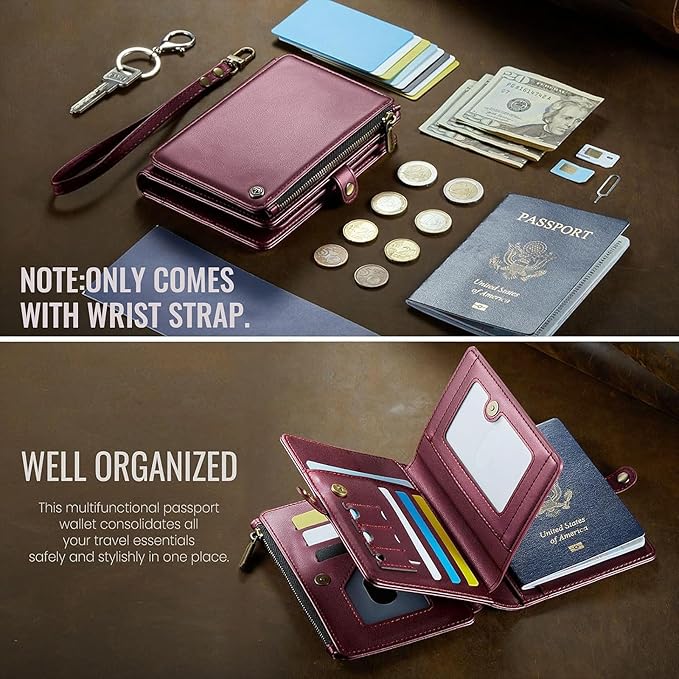 Passport Holder Wallet Bag with AirTag Holder, 11 Card Slots and Passport Solt Cash Solt Photo Solt Zipper Pocket, RFID Blocking Wristlet Strap.Wine