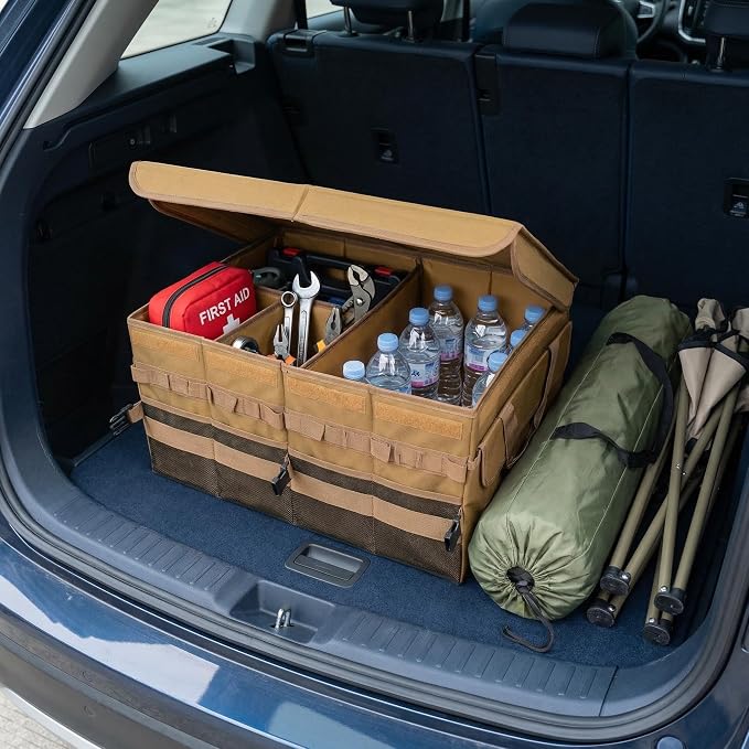Large 70L SUV Trunk Organizer, Trunk Organizer With Lid, Foldable Cargo Storage Box, Brown, 4-Compartments With Handle,Universal for Car Sedan Truck Camping Grocery Shopping Travel
