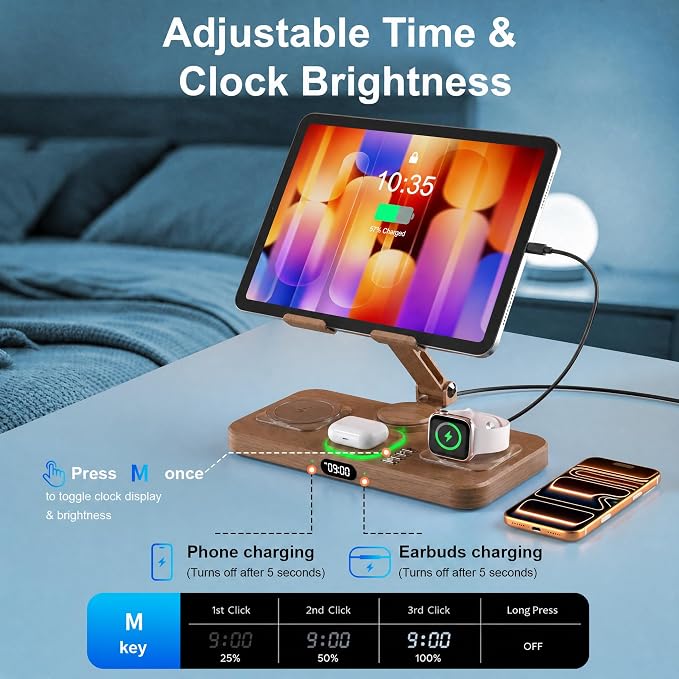 Magnetic Charging Station for Apple Multiple Devices, Wireless Charger with Clock & Light, Foldable Wired Charging Stand for iPad/Tab, Mag-Safe Charger for iPhone 17, for Apple Watch for AirPods