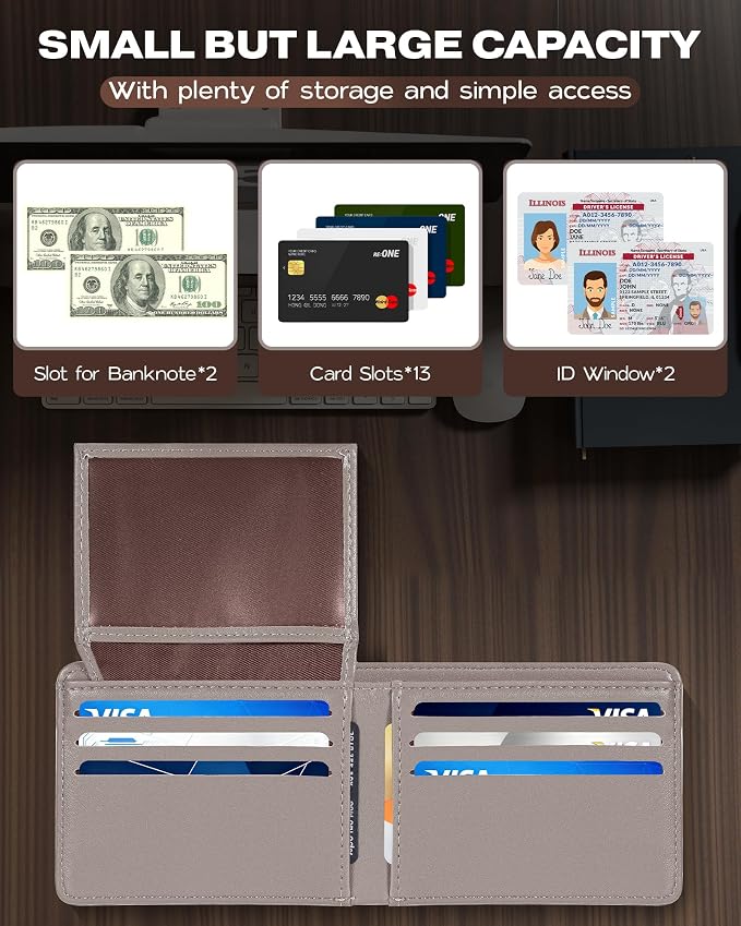 GNDR Wallet For Men Bifold Grey RFID Blocking Slim Faux Leather Wallets Card Holder Front Pocket Minimalist Men Accessories With Gift Box