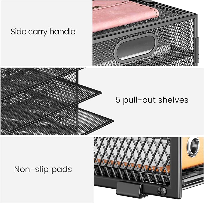 Lavatino 2 Pack 8-Tier Office Desk File Organizer, Letter Tray Paper Organizer with Handle, Including 5 Adjustable Slide Trays for Organizing Desktop Workspace Accessories and Supplies (Black Mesh)
