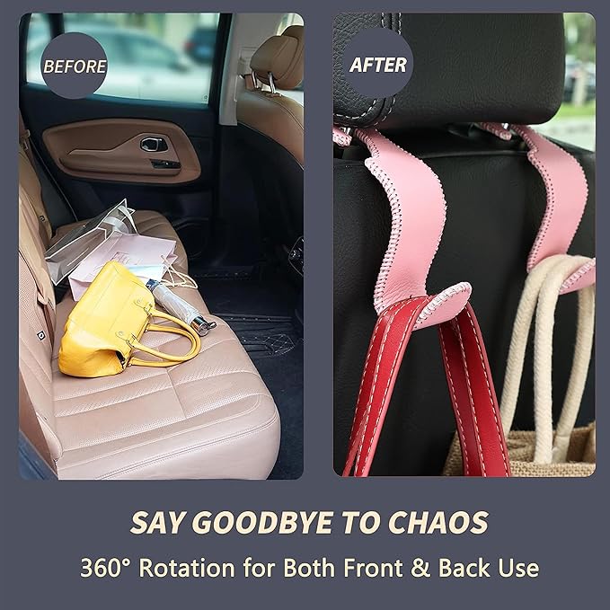 Amooca Car Seat Headrest Hook Universal Vehicle Storage Hanger Leather with Metal Car Seat Back Organizer for Handbag Purse Coat Pink 4 Pack