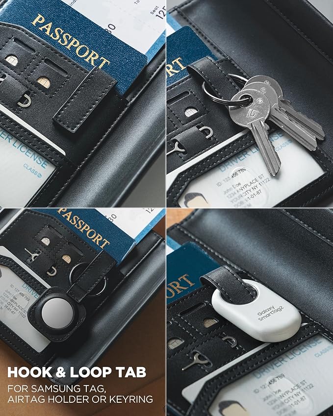 VULKIT RFID Blocking Leather Passport & Card Holder, Dual Person Travel Passport Wallet with Secure Magnetic Closure, Black