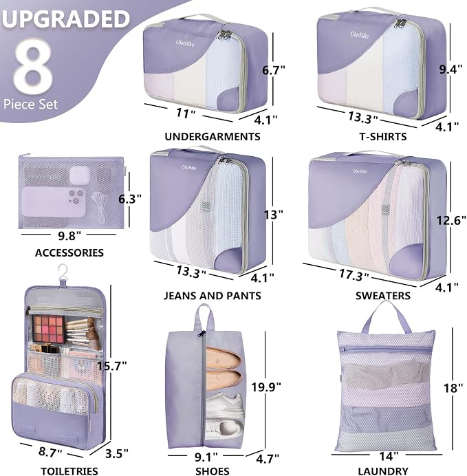 8 Set Packing Cubes for Travel, Gifts for Women Mom,Anti-Tearing Suitcase Organizer,OlarHike Vacation Essentials & Accessories for Cruise Ship