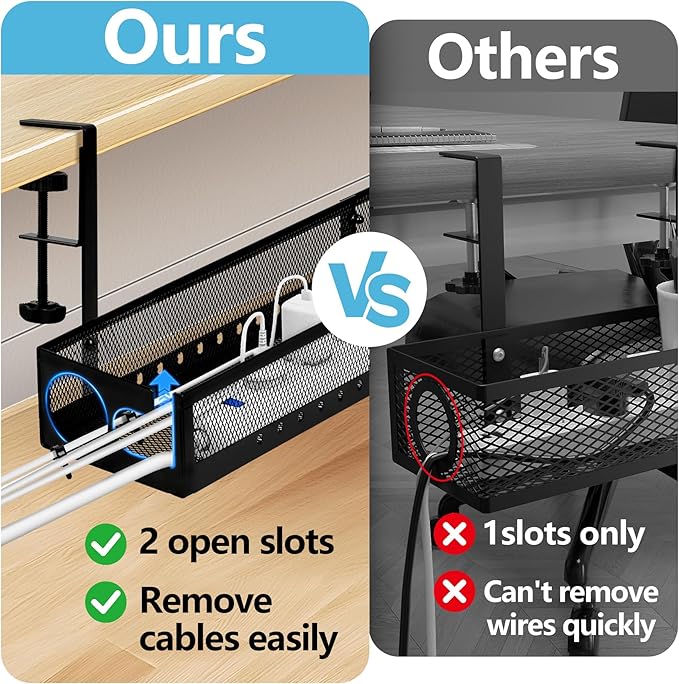 Under Desk Cable Management Tray No Drill - 25'' Large Metal Mesh Cord Organizer with Clamp Mount 2 Hole Cable Organizer Tray with Wire Management for Home Office Standing Desk