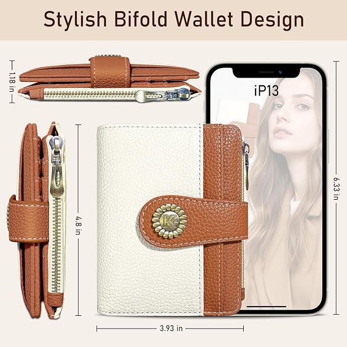 Kelvoris Small Rfid Women Wallet Bifold Zipper Coin Pocket PU Leather Compact Cash Credit Card Holder Travel Wallet for Female Ladies Teen Girls 1 ID Window 10 Card Slots White and Brown
