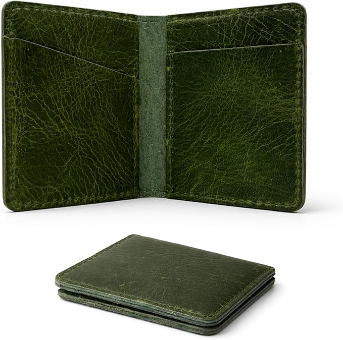 Genuine Leather Bifold Card Holder Wallet for Men & Women Slim Minimalist Front Pocket Credit Card Wallet, Compact Travel & Everyday Carry - Forest Green