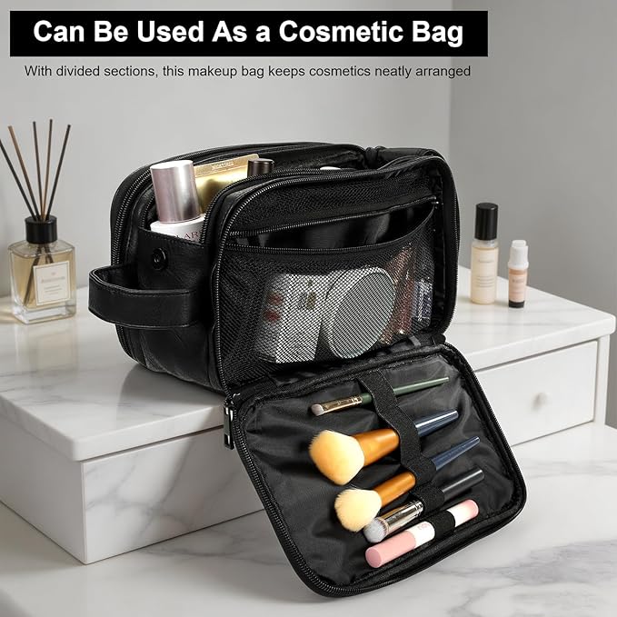 Toiletry Bag for Men and Women, Travel Essentials Shaving Dopp Kit, Travel Bag Toiletries Organizer Case for Grooming, PU Leather Water Resistant Cosmetic Bag Pouch (Black, Medium)