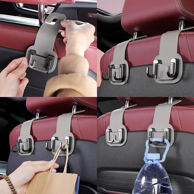 2PCS Car Seat Back Storage Hook, Foldable Metal Vehicle Headrest Dual Hook for Purses Handbags Groceries, Multifunctional Auto Interior Hanger Accessories, Universal Fit (Beige)