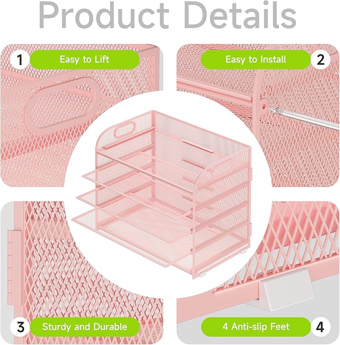 Cawukege 5 Tier Paper Organizer with Handle, Pink Metal Mesh Desk Organizer File Folder Paper Letter Tray Desktop Document Sorter for Classroom, School, Office Accessories Organization and Storage