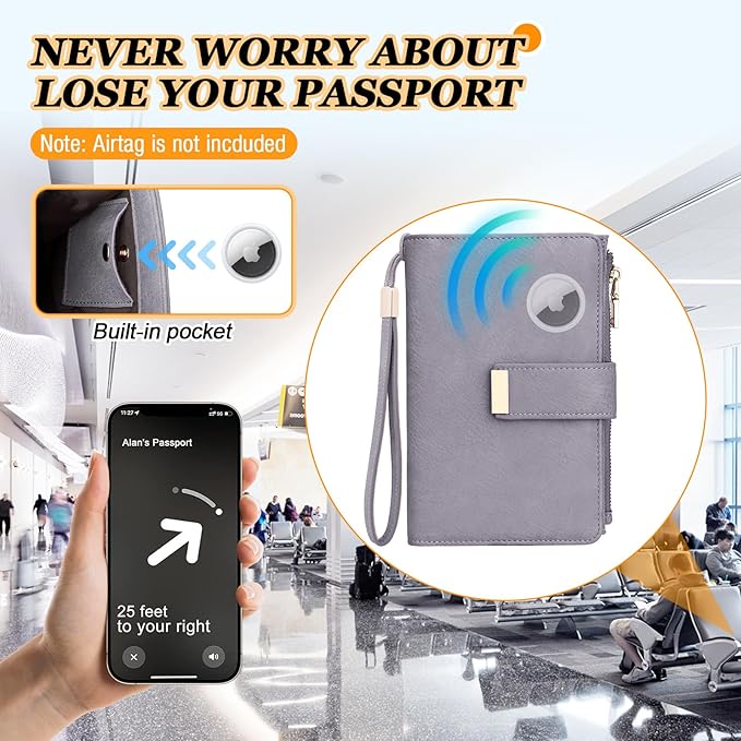 HUANLANG Passport Holder with Airtag for Women/Men, Airtag Passport Wallet for Travel Leather Passport Holder RFID Blocking,Travel Passport Walelt with Credit Card Holder