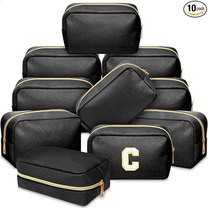 Sweetude 10 Pcs Makeup Bag Bulk for Women Preppy Gift PU Leather Cosmetic Bag Small Skincare Toiletry Pouch Mother Travel Cosmetic Pouch for Bridesmaid Bride Wedding Gift Favors (Black)