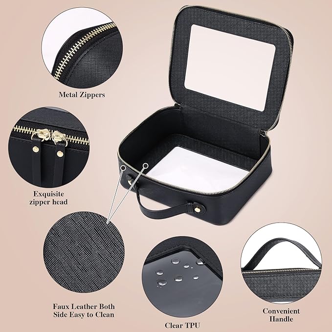 Pinkmik Clear Makeup Bag for Women Waterproof Travel Cosmetics and Toiletries Case Portable Makeup Oaganizer Bag Clear Car Bag with Zipper (Black, L)