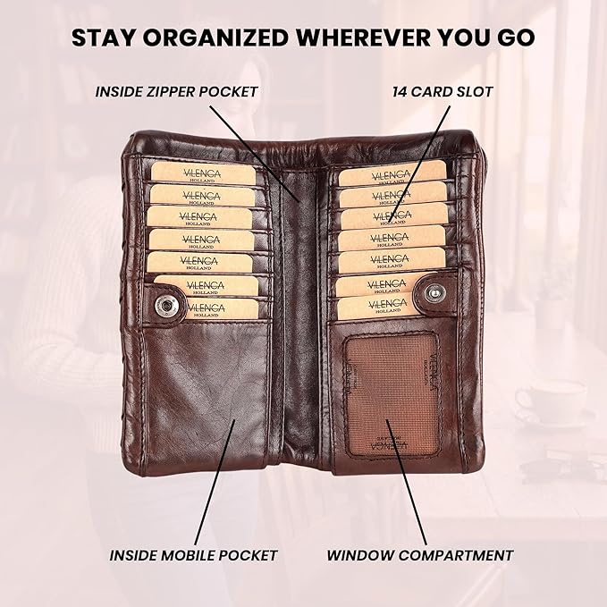 Genuine Leather Wallets for Women, Small Wallet for Ladies Zipper Coin Purse Credit Card Holder with Strap (VL-167-BROWN)