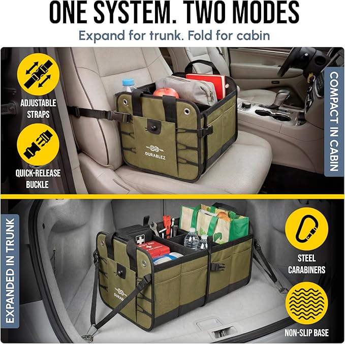 Heavy Duty Foldable Trunk Organizer 2-Section – Dual-Compartment Car Cargo Box with Non-Slip Pads & Removable Dividers – Green