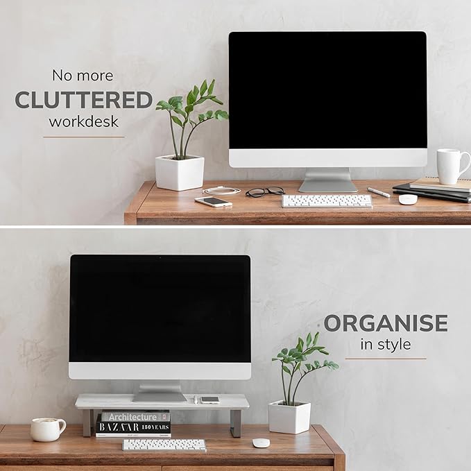 Anji Mountain Monitor Stand - Desktop Organizer & Laptop Riser, Ergonomic Monitor Riser, Space-Saving Monitor Stand for Desk, Durable Construction, Easy Assembly, Ideal for Home & Office,White Wash