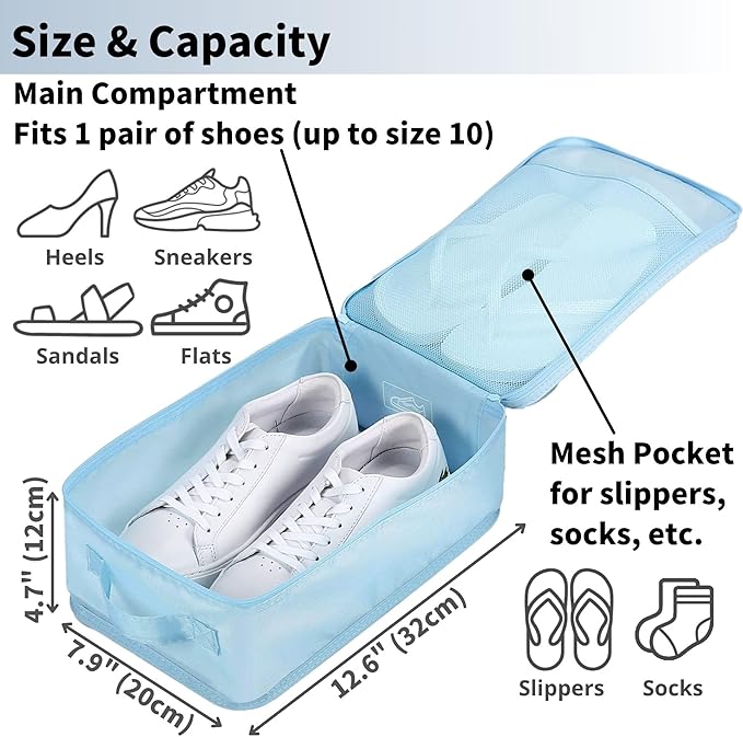 tianzong Travel Shoe Bag with Handle Holds 2 Pairs of Shoes, Shoe Packing Cubes for Travel (Blue, 2 Pack)