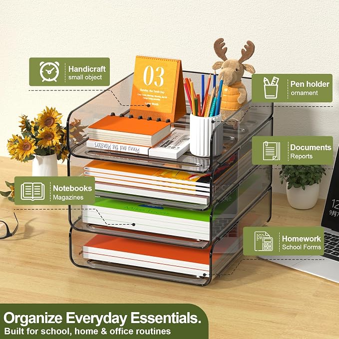 FANXIYQ 4-Tier Acrylic Paper Tray Organizer, Smoked Brown Stackable Desk File Organizer for Documents, Files, Letters, A4 Paper, Books, Notes, Mail & Paper Storage, Office Classroom Home