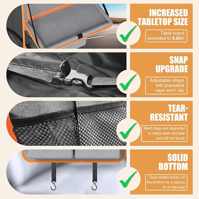 Plzpik Car Backseat Organizer with Tablet Holder,11 Storage Pockets with Foldable Food Tray, Protector Kick Mats for Kids, Travel Accessories Organizer (Orange, 1Pack)