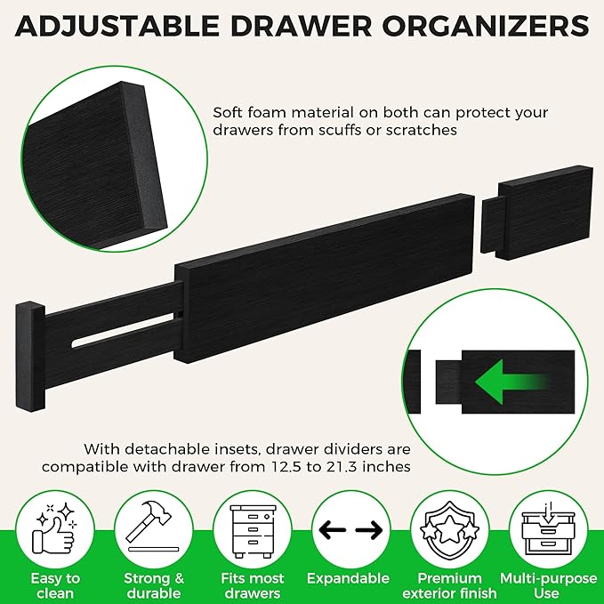 4 Pack Bamboo Drawer Dividers Organizer with Inserts 2.6'' High, Expandable from 12.5-21.7", Adjustable Drawer Organizer Separators for Utensils, Clothing, Office, Dresser, Bedroom, (Black)