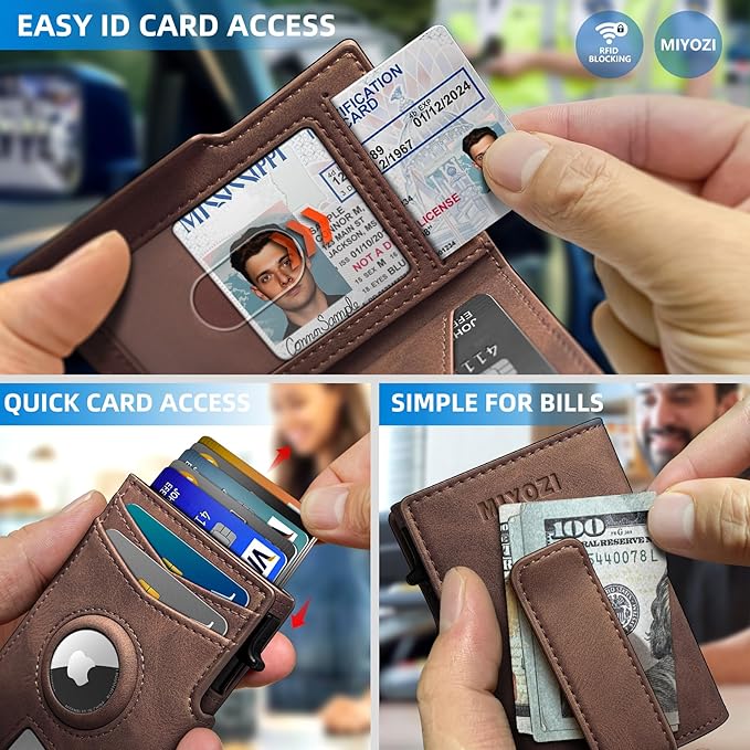 miyozi Airtag Wallet for Men,with Money Clip 10 Cards Metal Case Smart Slim Pop Up Credit Card Holder Flip with Magnetic Closure RFID Blocking wallet with Gift Box