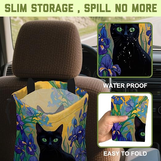 Car Garbage Bag Black Cat Purple Iris Floral Hanging Canvas Car Trash Bag Waterproof Drawstring Car Back Seat Organizer for Car Back Front Seat Console with Adjustable Buckle