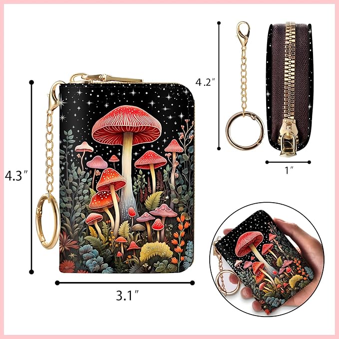 Blusabaca RFID Credit Card Holder Wallets for Women, Small Card Case Wallet with Keychain and Zipper, Mushrooms Leather Card Holder Pocket Business Card Accordion Wallet